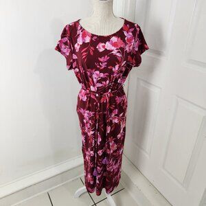 J Jill Dress Womens LP Red Pink Floral Midi Pockets Modest Tassel Office Church